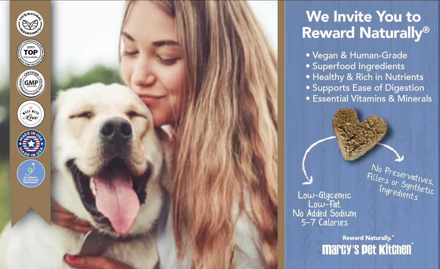 Graphic from Marcy's Pet Kitchen and to Reward Naturally with healthy dog treats