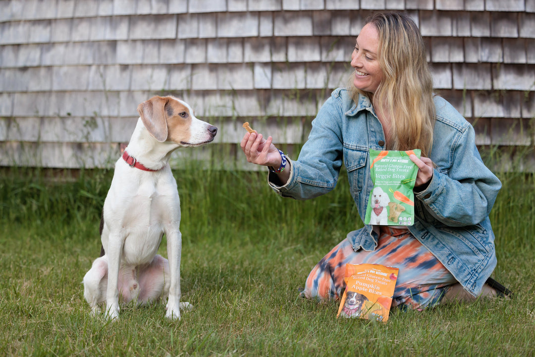Woman Feeding a Medium White Dog Marcy's Pet Kitchen Dog Treats