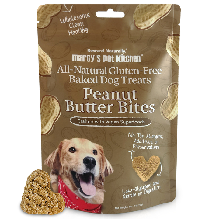 Peanut Butter Bites dog treats in resealable bag by Marcy&